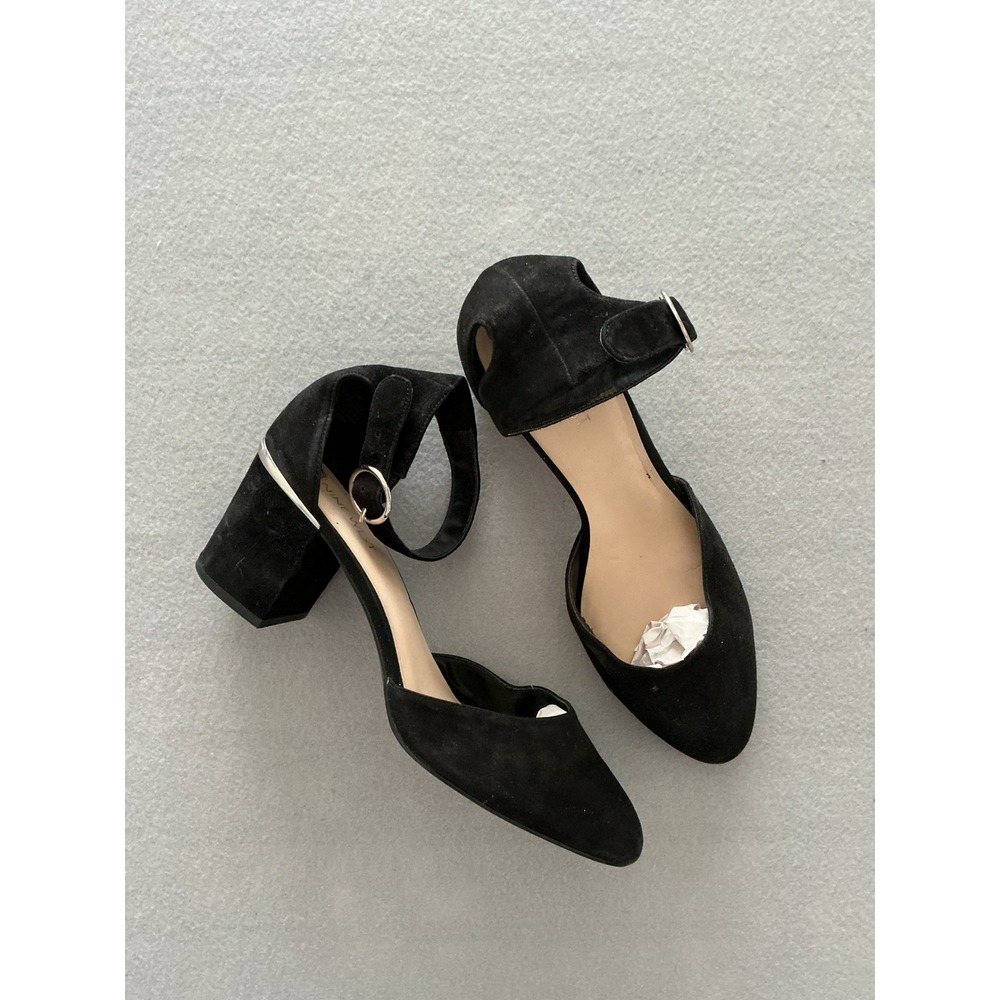Nine West Block Heel Pumps Size‎ 10M Black Suede Ankle Strap Metallic Trim
